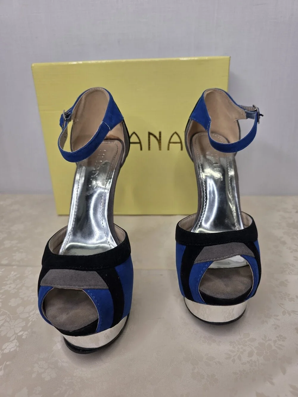 Liliana Colorblock Platform Heels Blue Black Grey Ankle Strap Stilettos 7.5